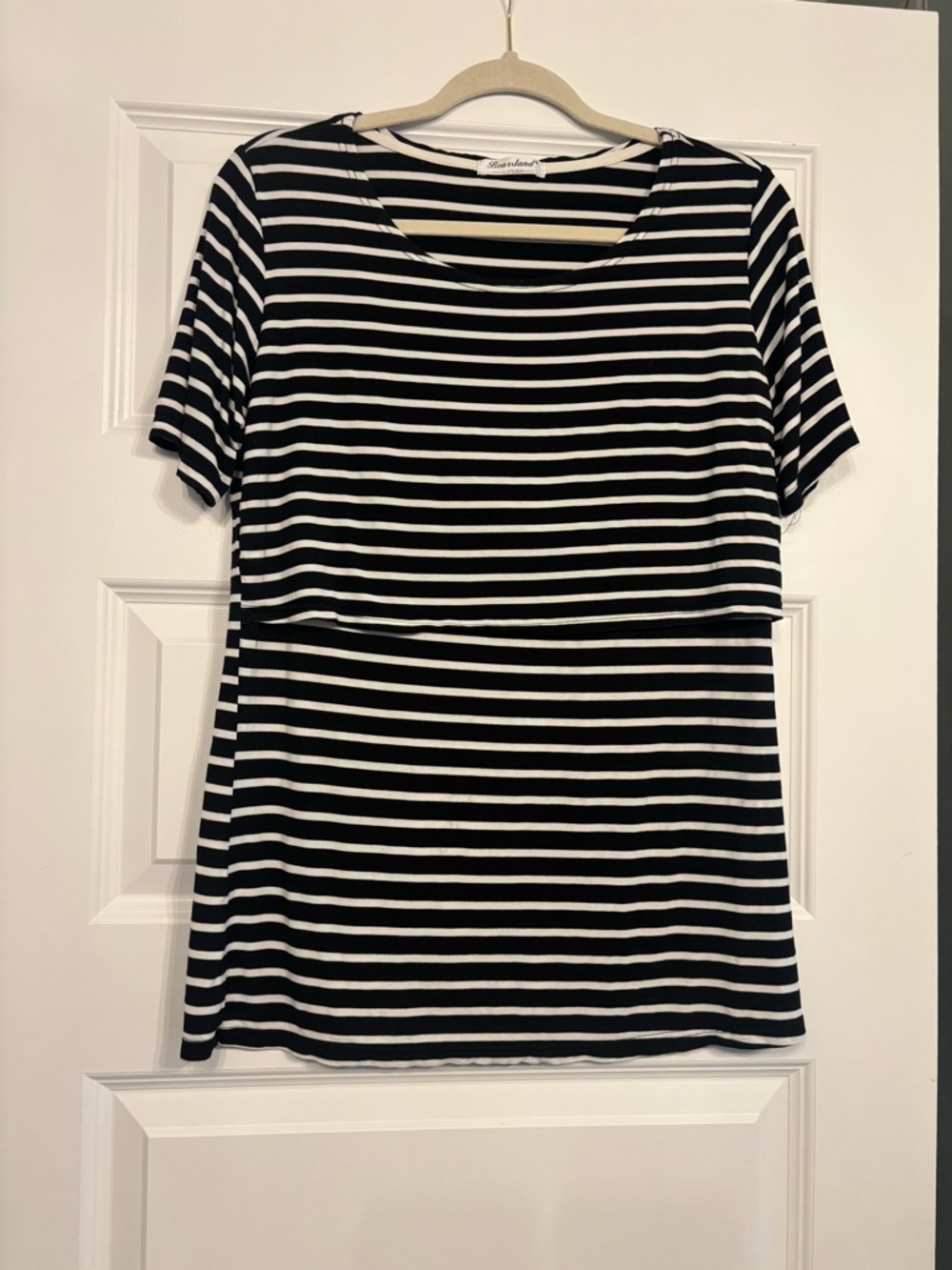 Bearsland Black and White Striped Short Sleeve Nursing Tee